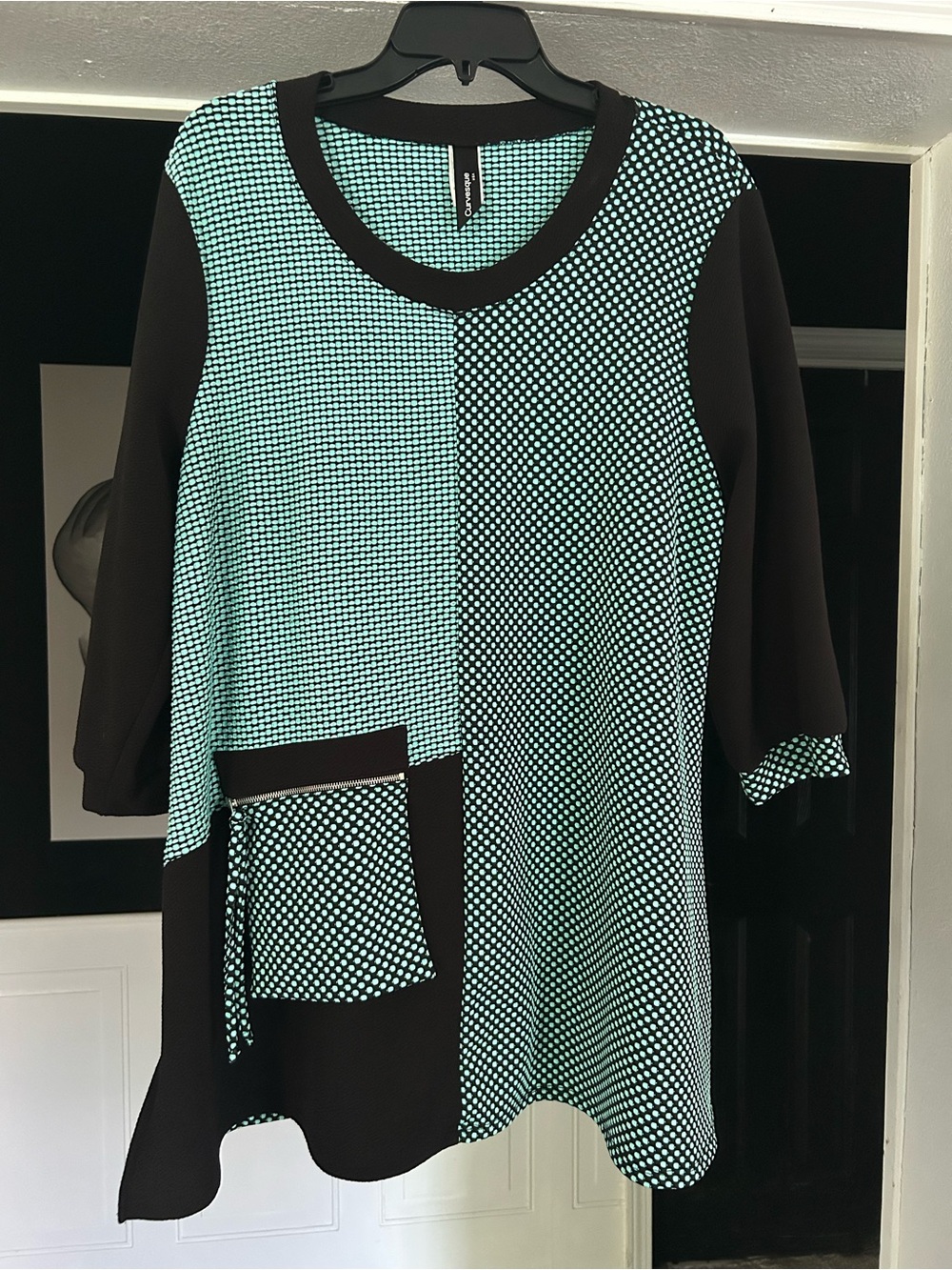 Mint Green and Black Patterned Pullover Blouse with Pocket